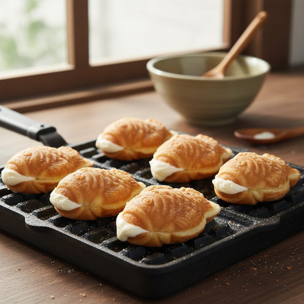 겨울 간식 귤과 붕어빵의 모든 것 2 집에서 만든 귀여운 크림 붕어빵이 팬 위에 놓여 있음