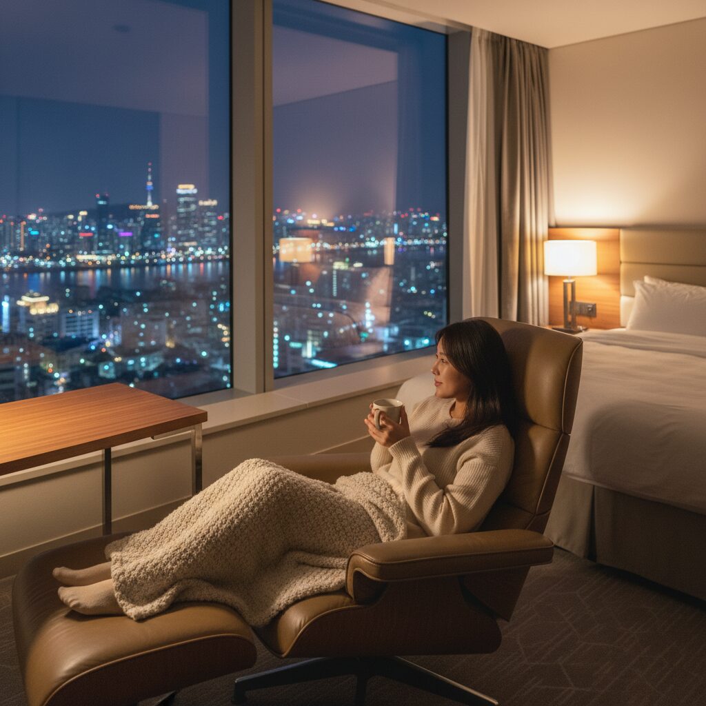 호텔 객실에서 리클라이너 의자에 앉아 창밖 도시 야경을 바라보는 모습