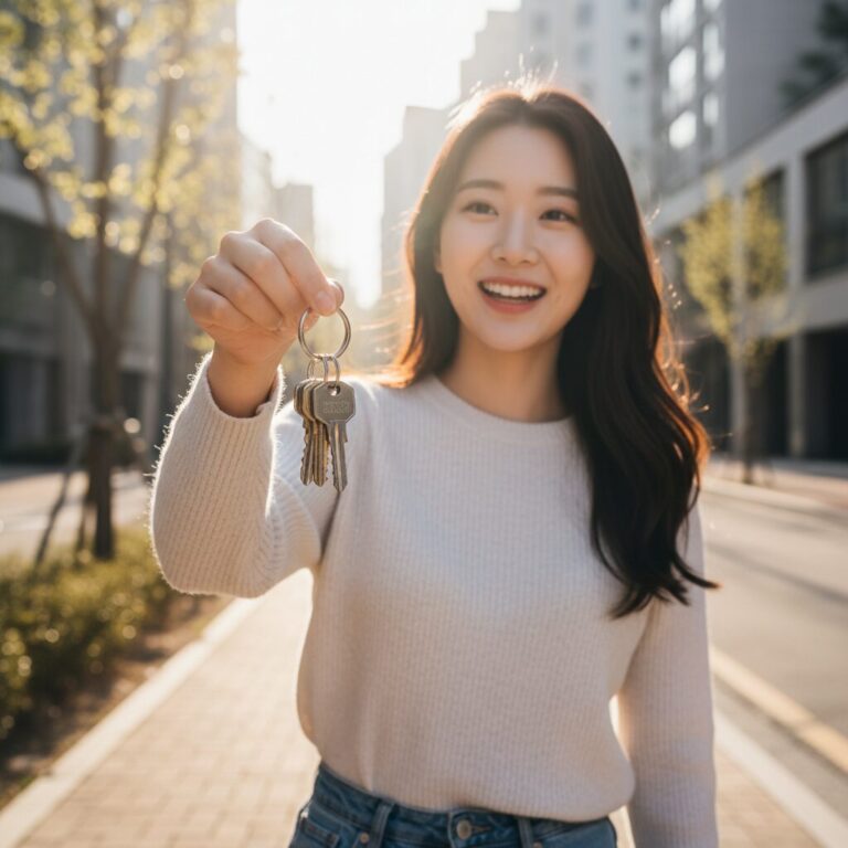 햇살 아래서 집 열쇠를 손에 쥐고 기뻐하는 젊은 여성의 모습