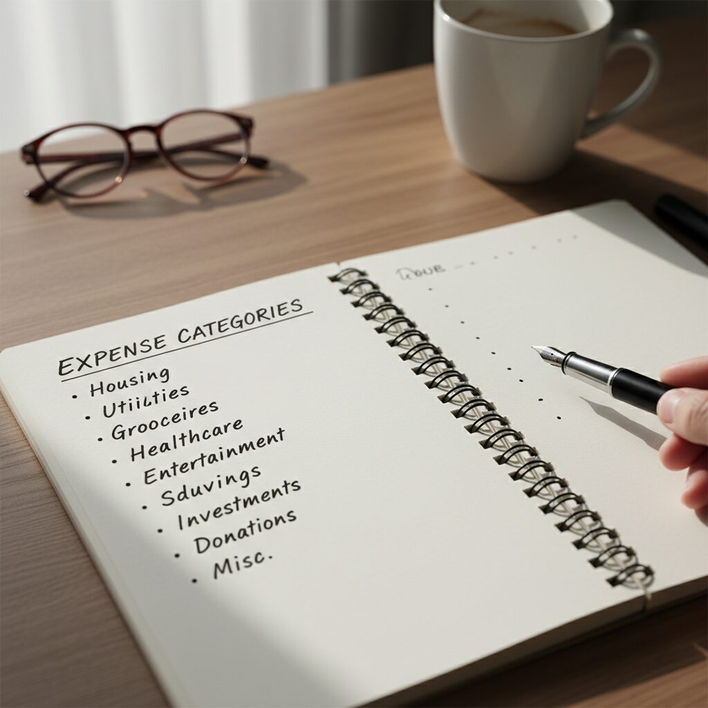 가계부 카테고리 예시가 적힌 노트와 펜 사진