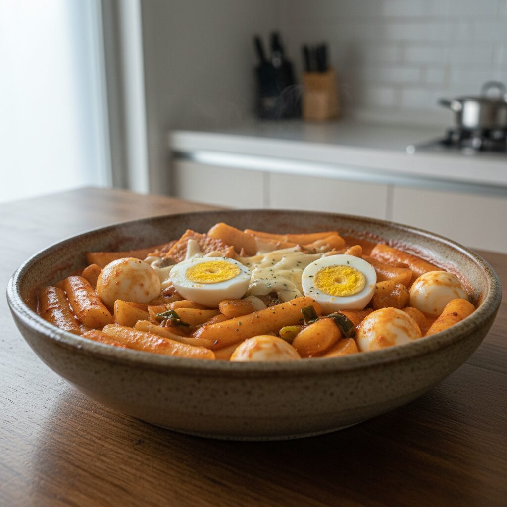 형부떡볶이 매콤로제맛 솔직 후기와 맛있게 먹는 방법 2 그릇에 담긴 완성된 형부떡볶이 매콤로제맛과 계란