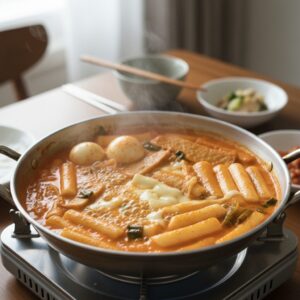 형부떡볶이 매콤로제맛 냄비에서 보글보글 끓는 모습