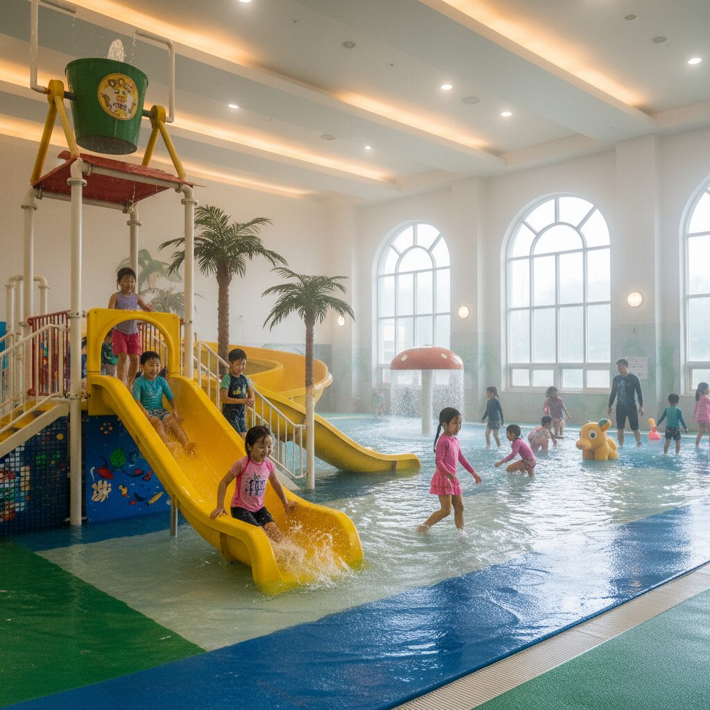강동워터파크 실내 키즈풀과 미끄럼틀에서 아이들이 즐겁게 노는 모습