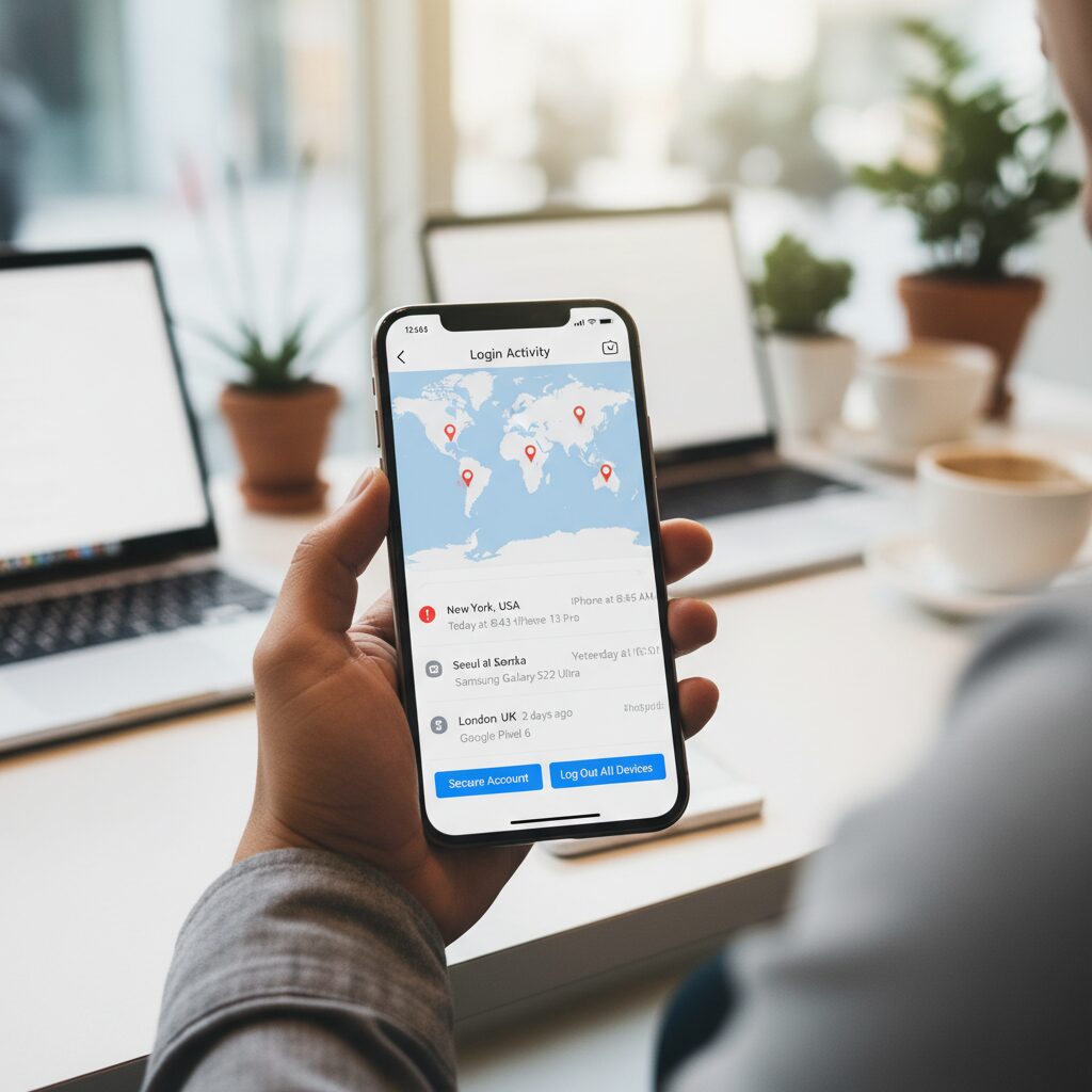 인스타그램 앱에서 로그인 활동 위치 확인하는 화면