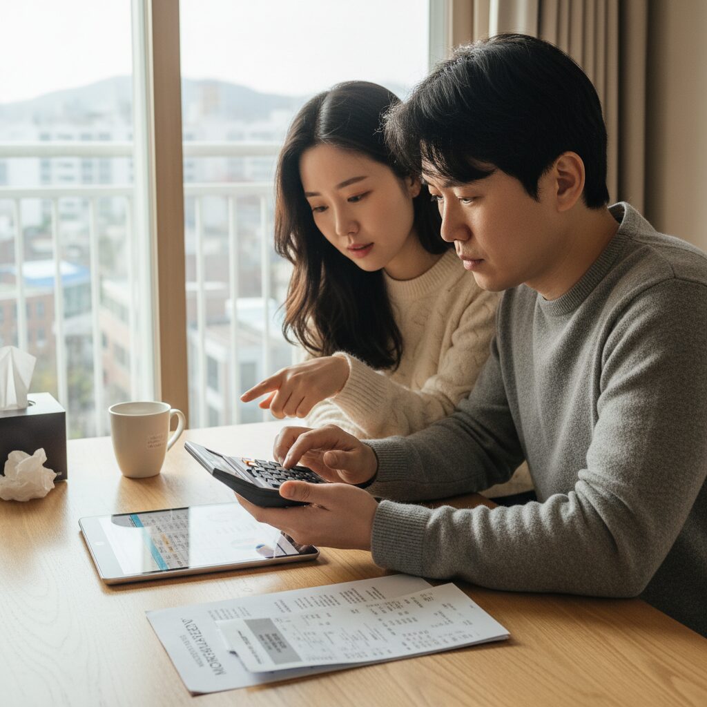 금리 인상으로 인한 주택담보대출 상환액 변화를 계산기로 확인하는 모습