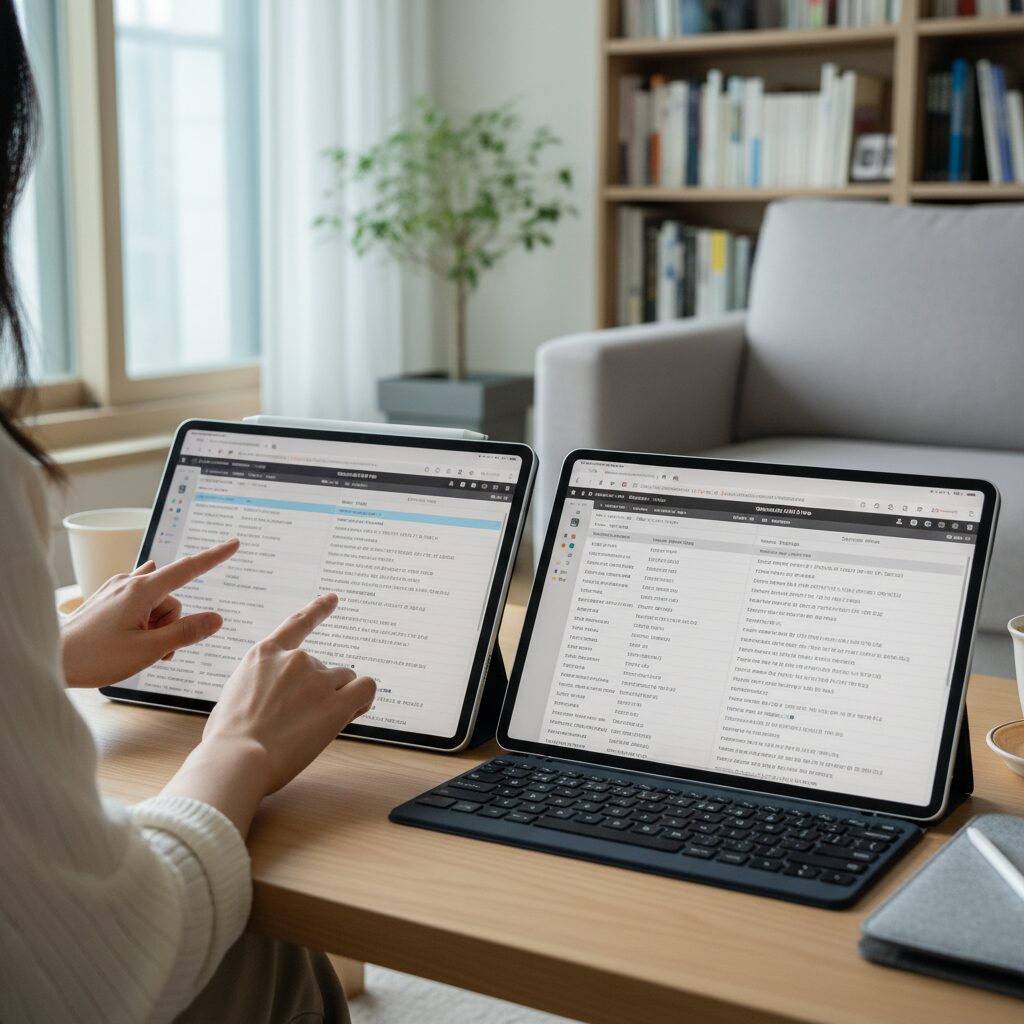 아이패드와 갤럭시탭을 나란히 놓고 비교한 사진