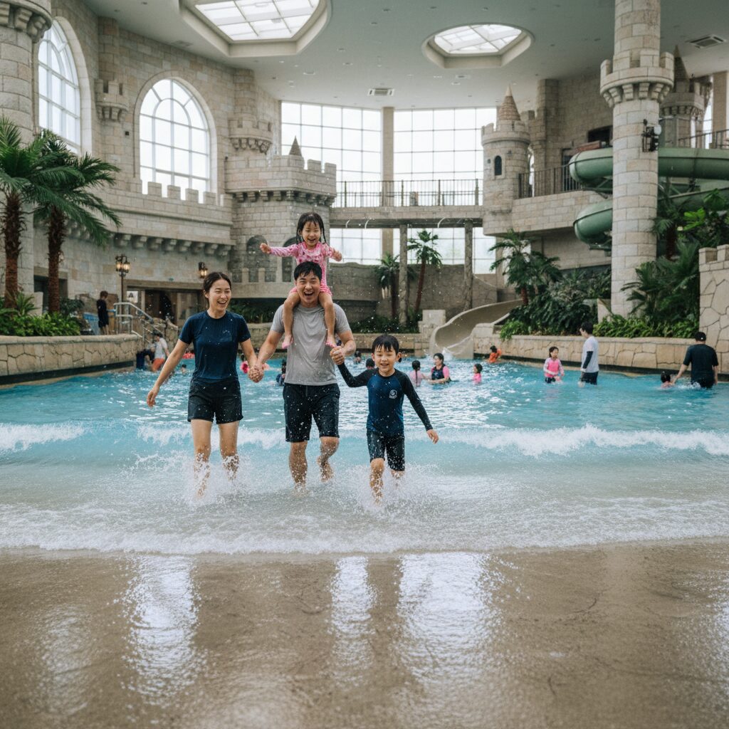 아일랜드캐슬 워터파크의 실내 파도풀에서 가족이 즐기는 모습