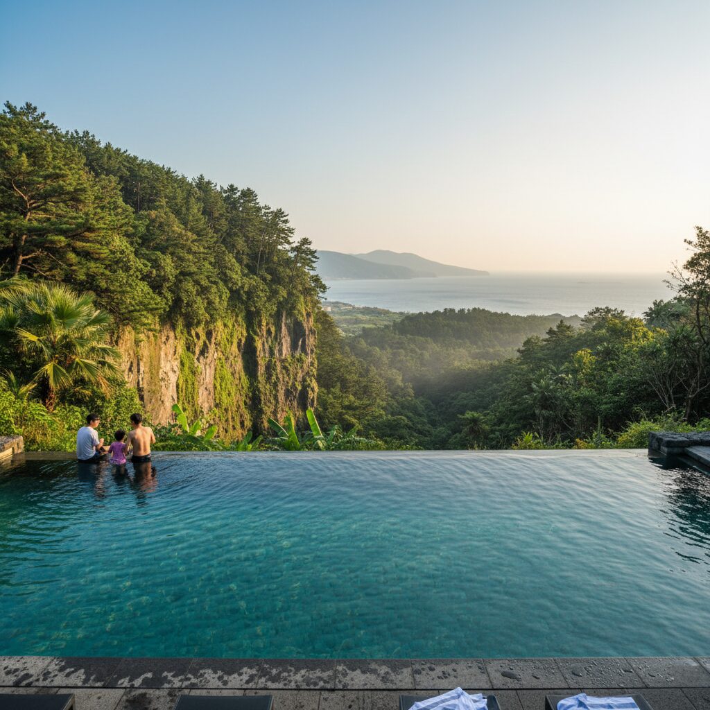 제주도 숲속 인피니티 수영장에서 바라본 절벽과 푸른 나무 풍경