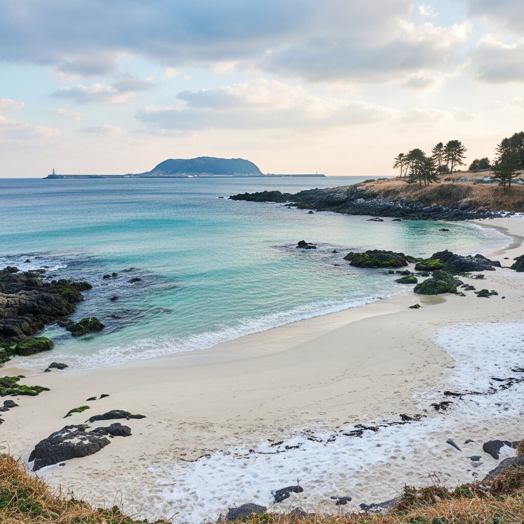 겨울 제주도 협재 해변의 푸른 바다와 흰 모래사장