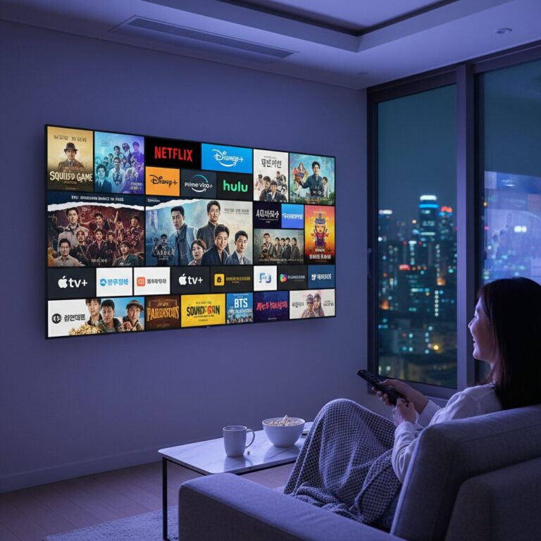 다양한 OTT 플랫폼 로고와 K콘텐츠 포스터가 모여있는 디지털 콜라주