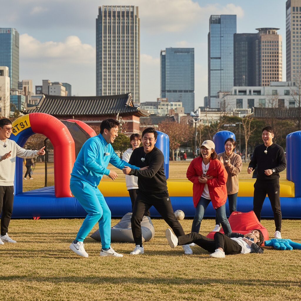 런닝맨 출연자들이 웃으며 게임을 하는 모습