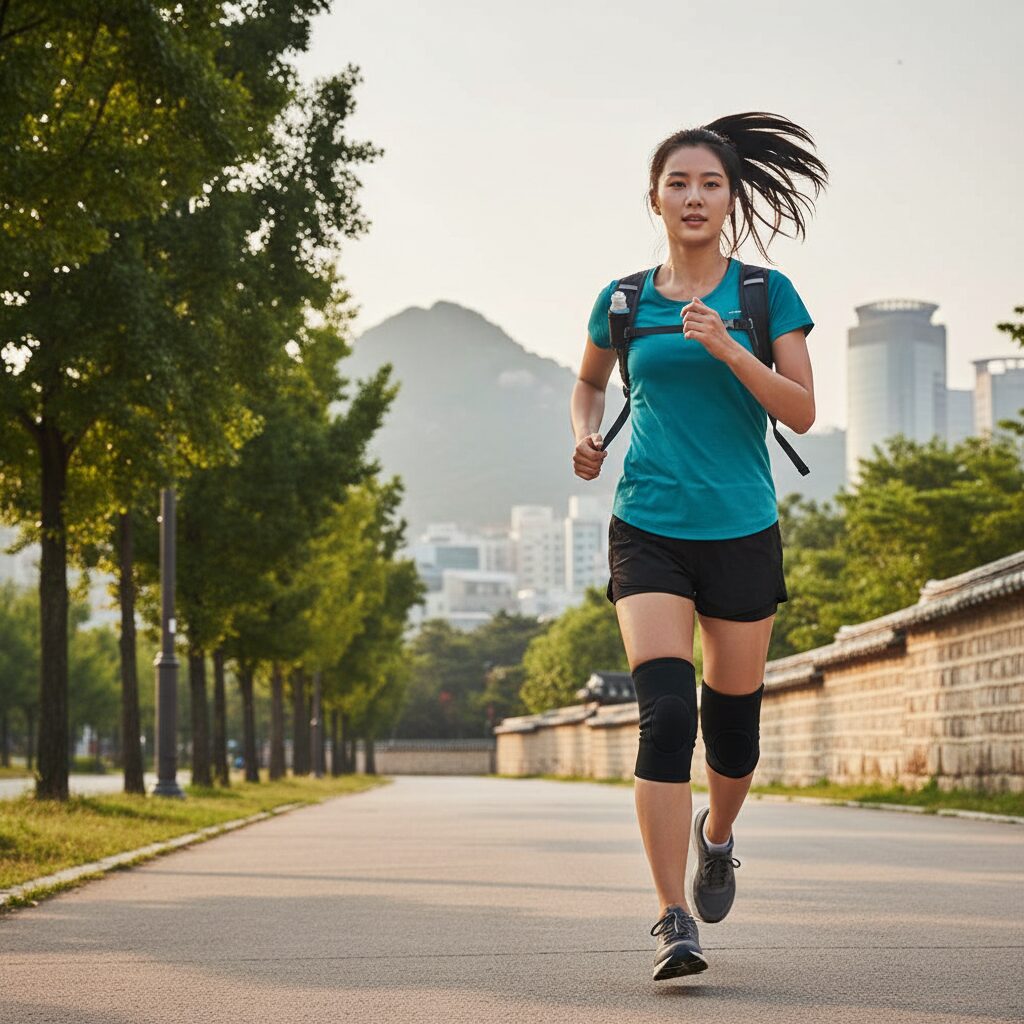 여자가 러닝 중 슬리브형 무릎 보호대를 착용하고 달리는 모습