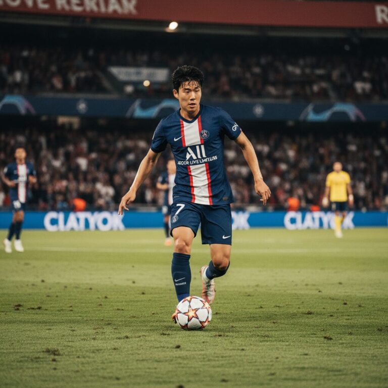 파리 생제르맹에서 뛰는 한국 축구 선수 이강인이 경기 중 공을 컨트롤하는 모습