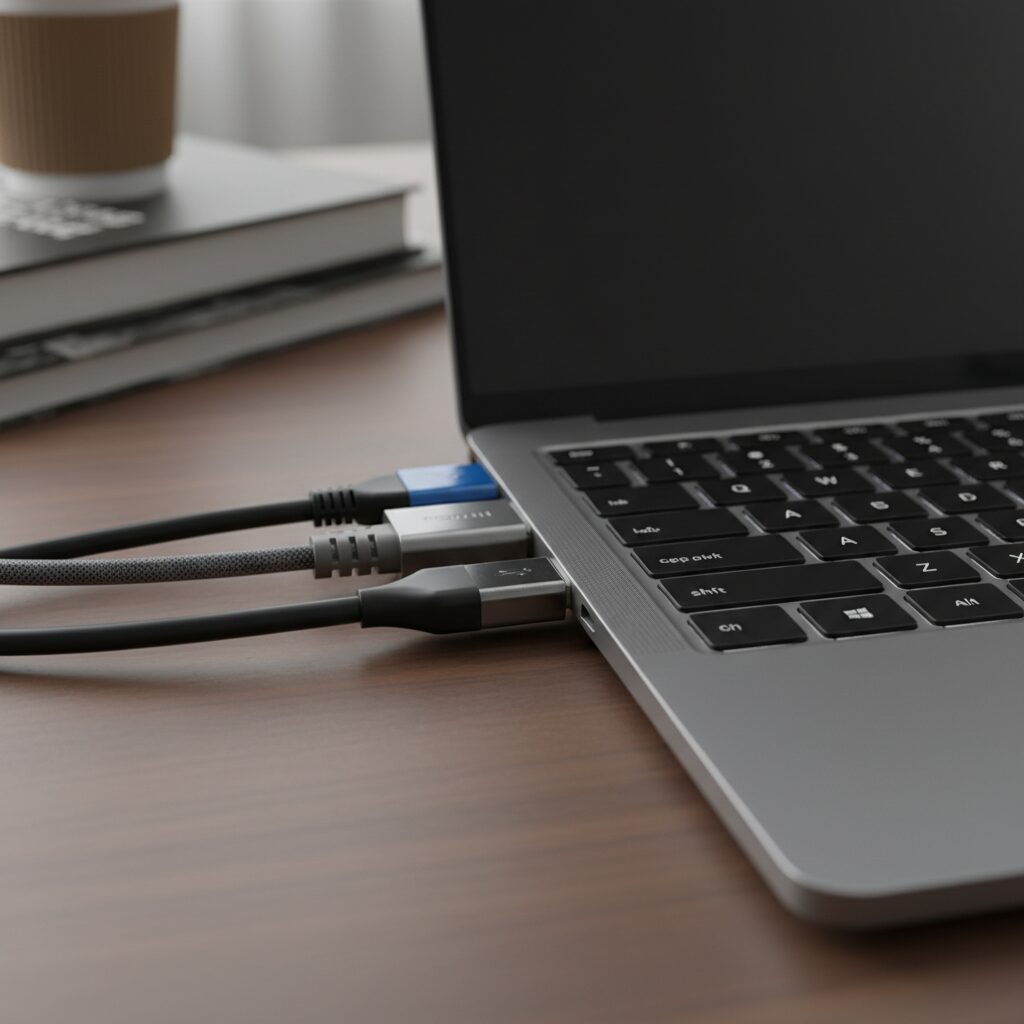 신학기 노트북 고르는 가장 쉬운 방법 3 노트북의 다양한 연결 포트와 키보드의 클로즈업 사진