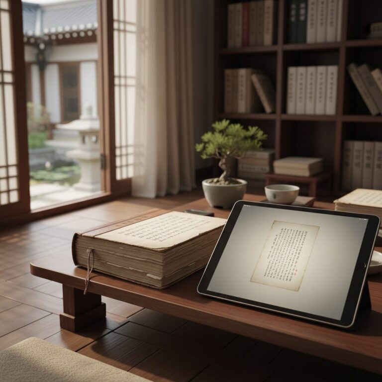 전통 책과 현대 태블릿이 함께 있는 배경