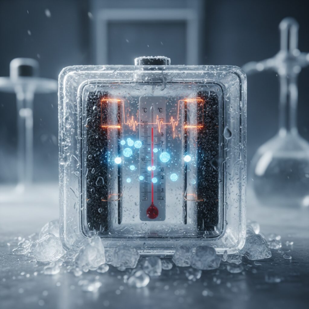 추운 환경에서 리튬이온 배터리 내부 화학 반응 속도가 느려지는 개념도