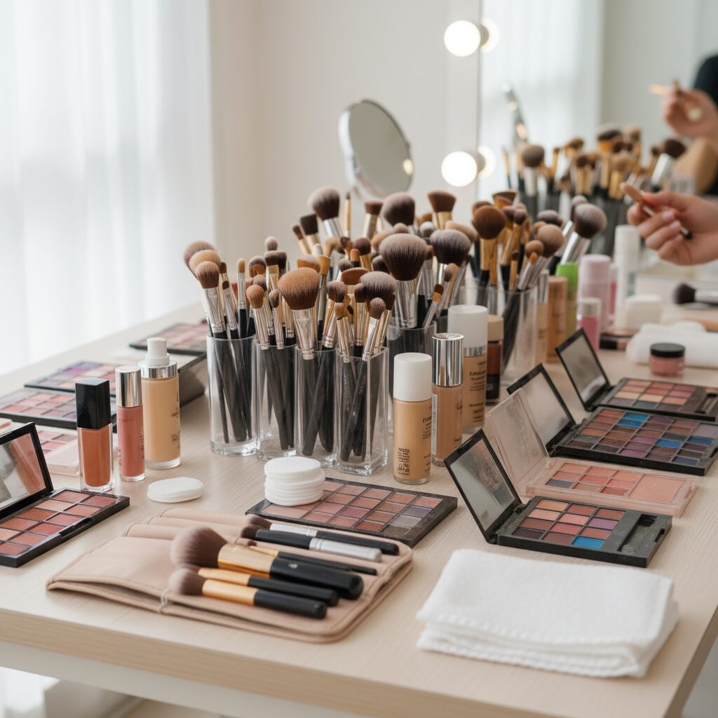 1개월 단기 자격증 독학으로 취득 가능한지 궁금해요 1 메이크업 실기 연습을 위한 다양한 브러시와 화장품이 정리된 사진