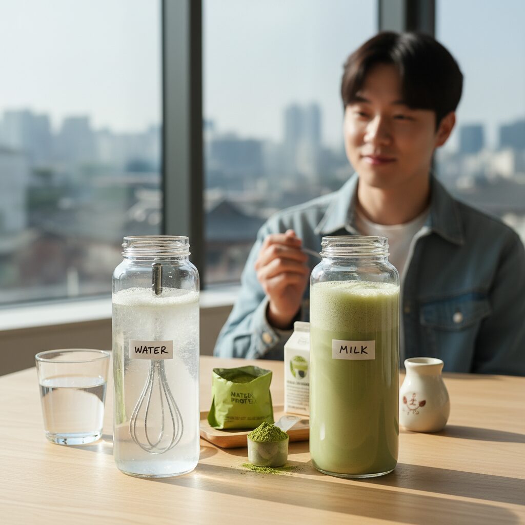 단백질 쉐이크 비교 선택 기준과 솔직 후기 2 말차 단백질 쉐이크 물과 우유에 타서 비교하는 사진