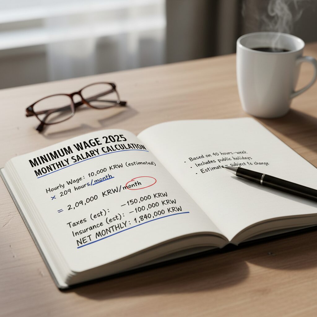 2025년 최저임금 기준 월급 계산식과 숫자가 적힌 노트