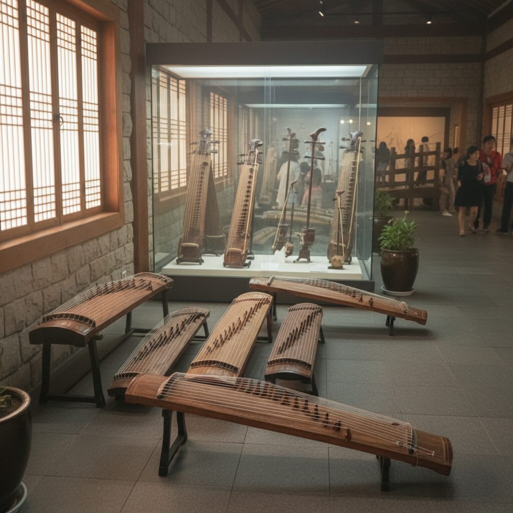 난계국악박물관 내부의 현악기 전시 모습