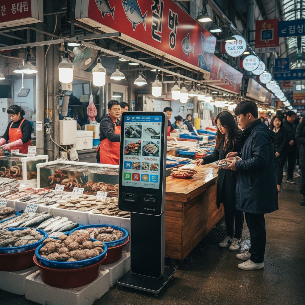 겨울 제철 대방어회 저렴하게 먹는 노하우 1 노량진수산시장 내부 모습과 키오스크가 설치된 횟집