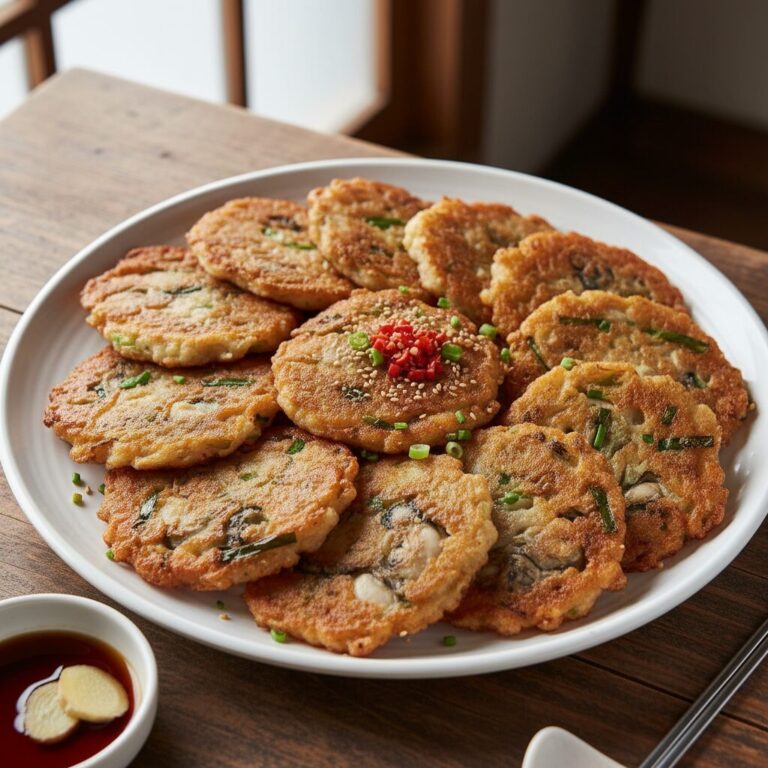 바삭하게 구워진 찹쌀가루 굴전이 접시에 가득 담긴 모습