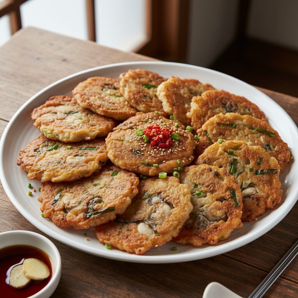 추운 겨울 생각나는 굴요리 세 가지 레시파 3 바삭하게 구워진 찹쌀가루 굴전이 접시에 가득 담긴 모습