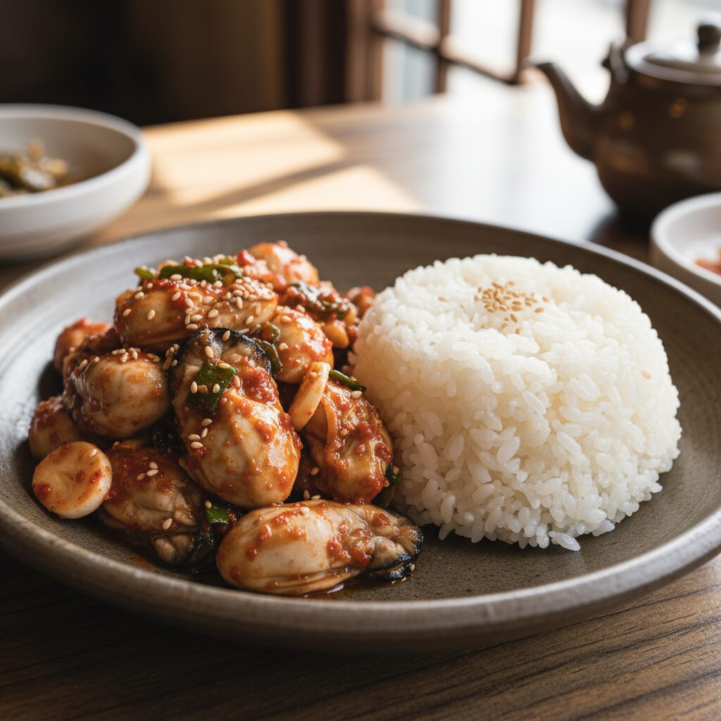 추운 겨울 생각나는 굴요리 세 가지 레시파 2 매콤하게 양념된 생굴무침이 하얀 밥과 함께 접시에 담긴 모습