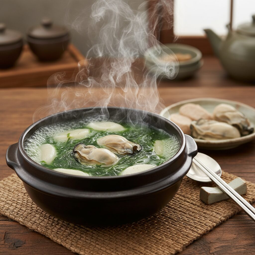 추운 겨울 생각나는 굴요리 세 가지 레시파 1 뜨거운 매생이 굴떡국이 담긴 뚝배기와 현미떡과 굴이 보이는 모습