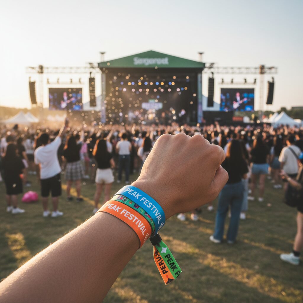 피크페스티벌 2026 5주년 블라인드 티켓 매진과 예매 가이드 3 피크페스티벌 손목밴드를 착용한 팔과 뒤편의 야외 무대