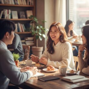 소규모 모임에서 사람들과 대화하며 소통하는 여성