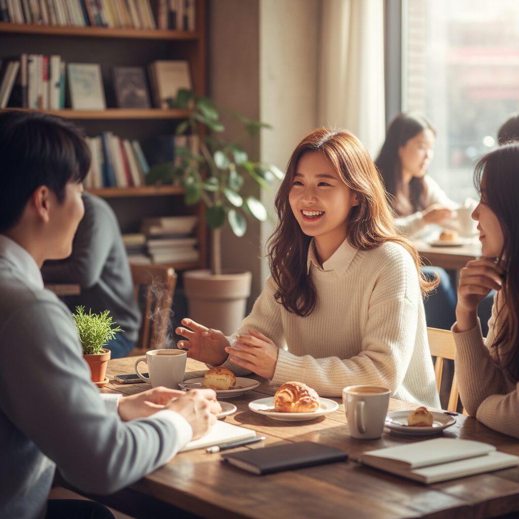 소규모 모임에서 사람들과 대화하며 소통하는 여성