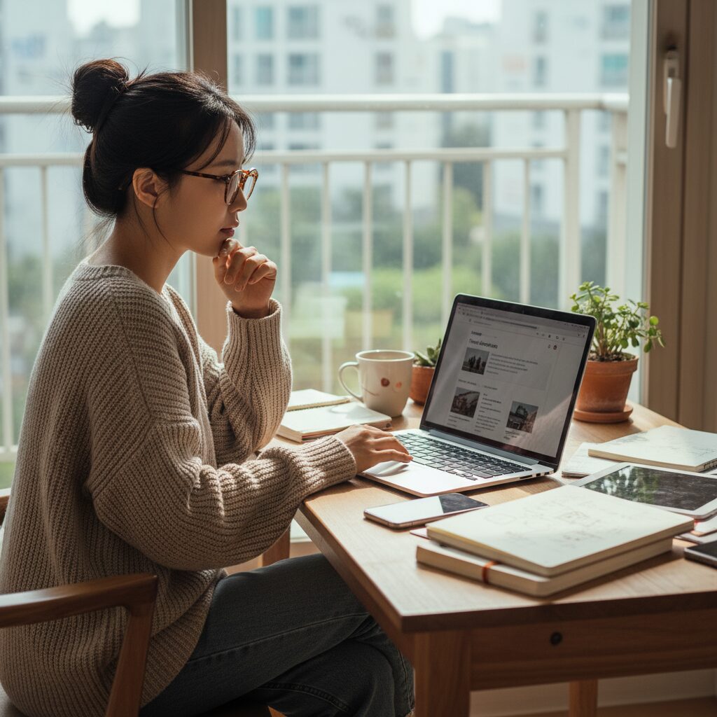 노트북으로 블로그 글을 작성하며 콘텐츠를 만드는 여성