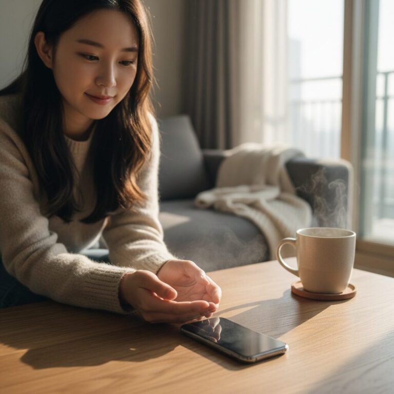 갑자기 꺼진 스마트폰을 실온의 실내에서 자연스럽게 따뜻해지게 두는 모습