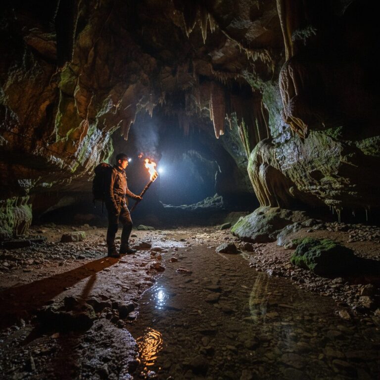 픽셀라이프에서 횃불을 들고 동굴을 탐험하는 장면