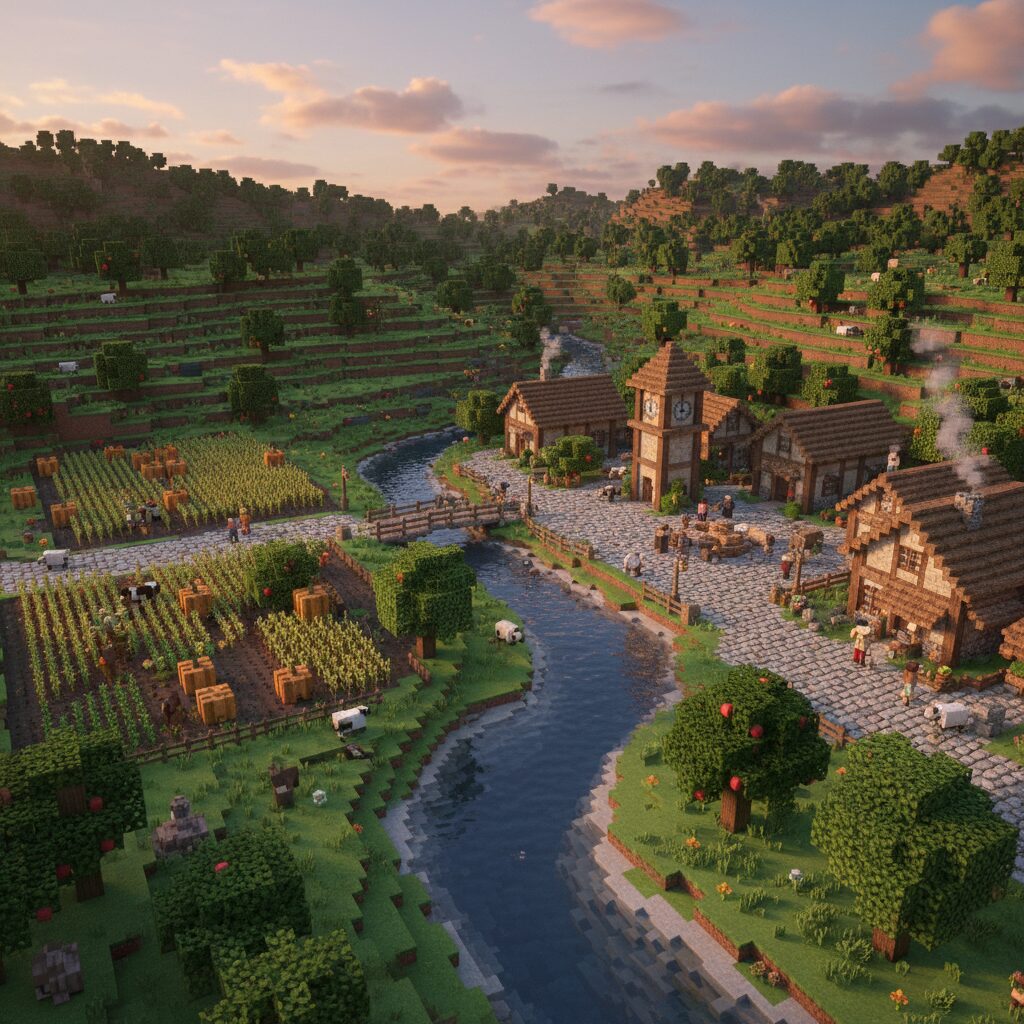 픽셀라이프에서 꾸민 농장과 작은 마을 풍경