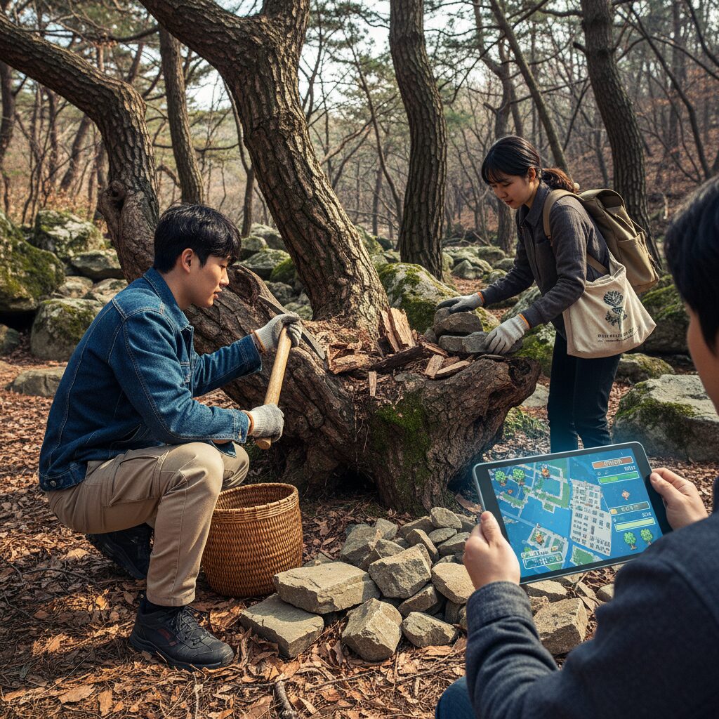 픽셀라이프에서 나무와 돌을 채집하는 모습