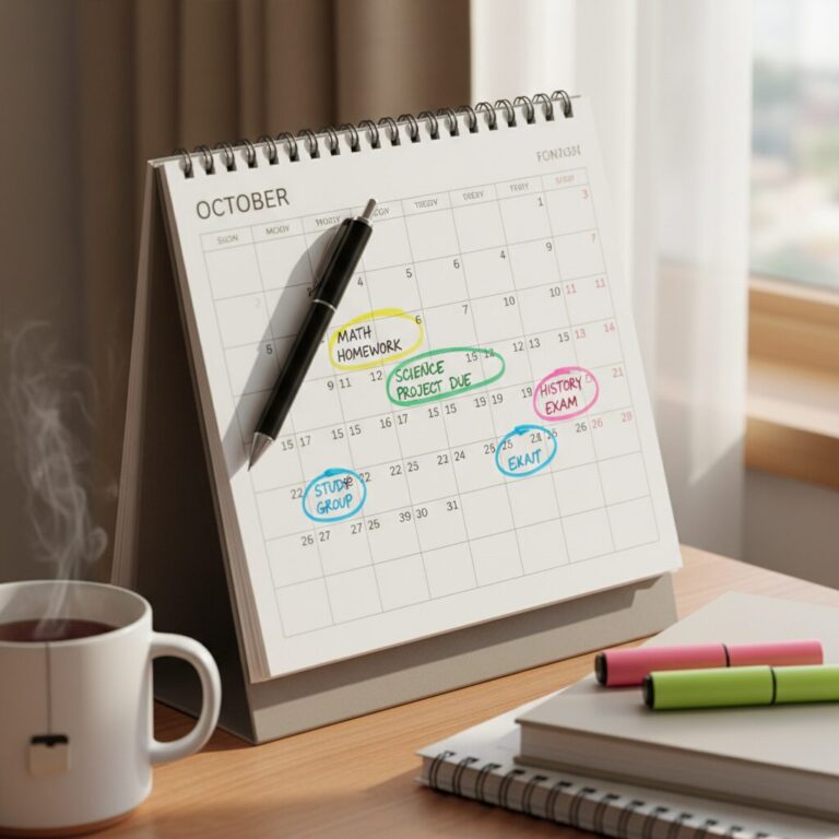 달력에 공부 계획이 표시되어 있고 펜과 하이라이터가 놓여 있는 모습
