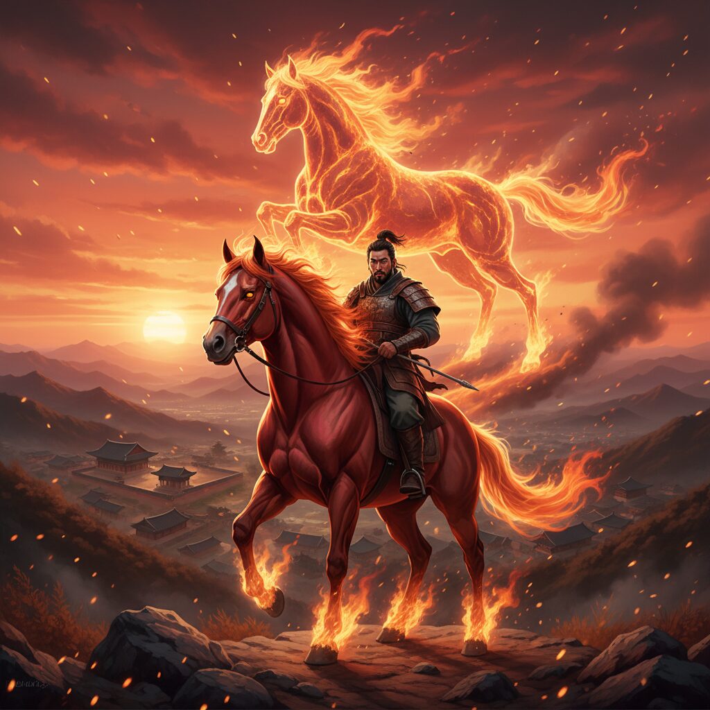 붉은 말의 해를 상징하는 불과 말의 이미지