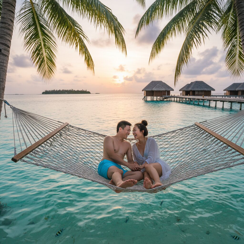몰디브 리조트 해먹 위에서 바다를 배경으로 찍은 커플 사진