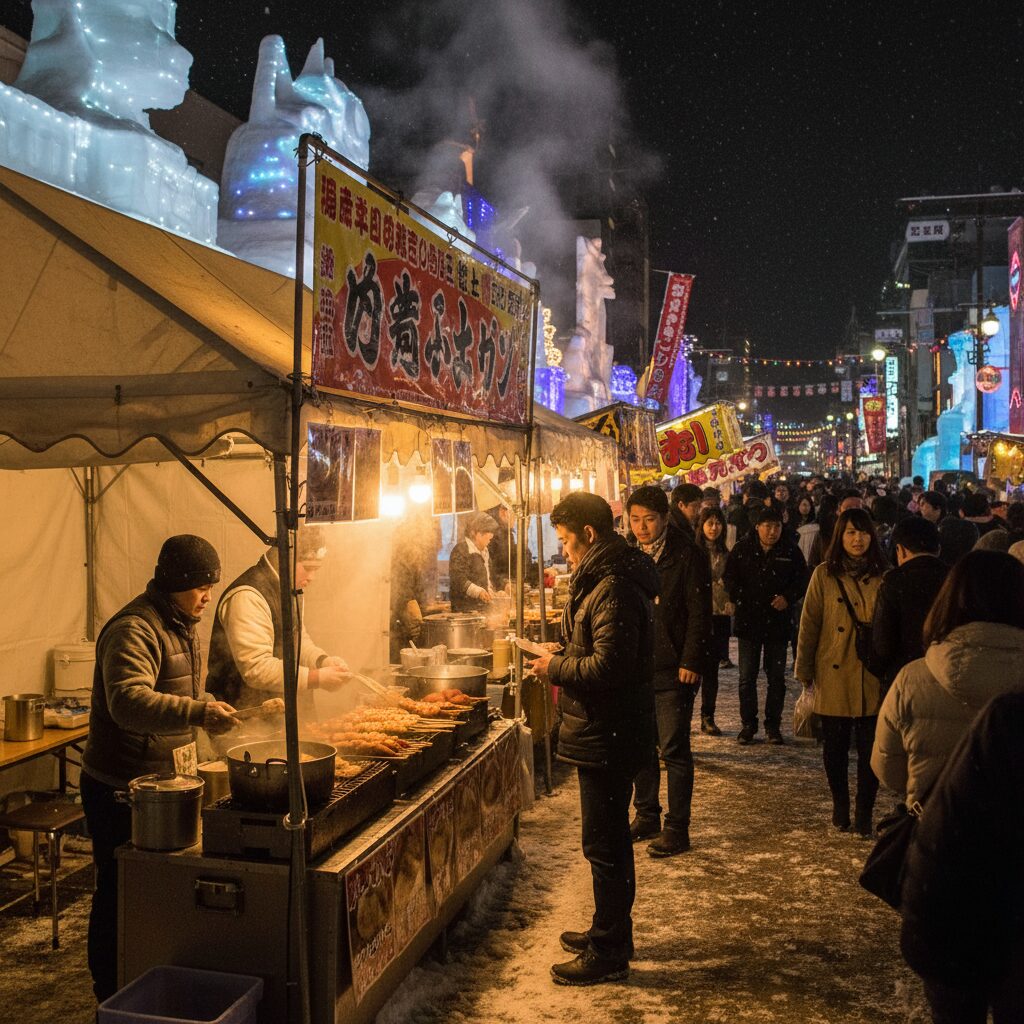 삿포로 눈축제 스스키노에서 따뜻한 길거리 음식을 파는 부스와 사람들
