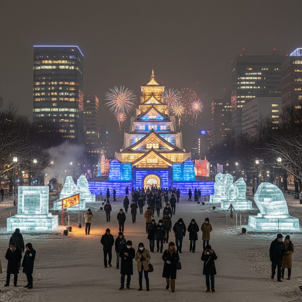 삿포로 눈축제 오도리 공원 야경 불빛으로 빛나는 대형 눈조각품들