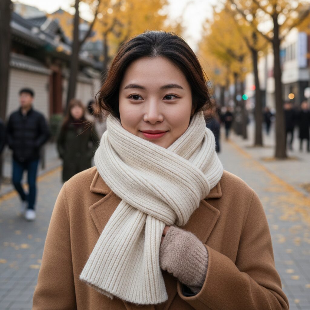 한 바퀴 돌려 매는 목도리 스타일로 목을 감싼 모습