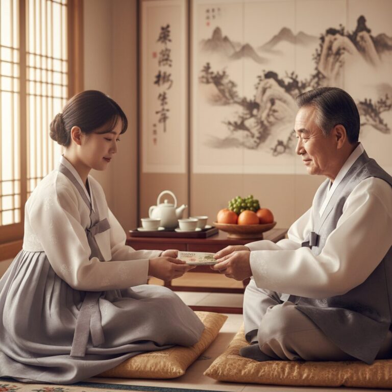 세뱃돈을 두 손으로 공손히 받는 모습, 설날 전통 풍습
