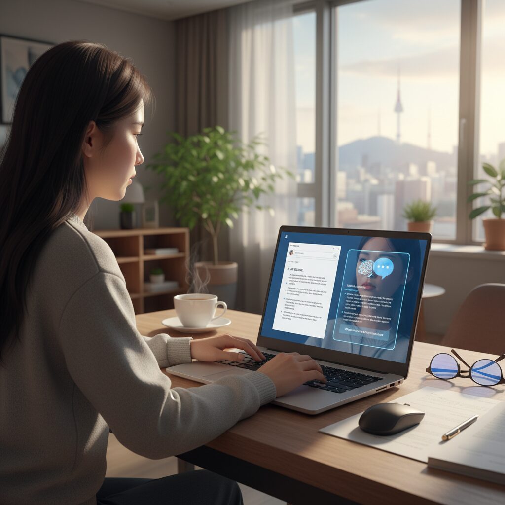 노트북으로 AI와 함께 자기소개서를 수정하는 모습