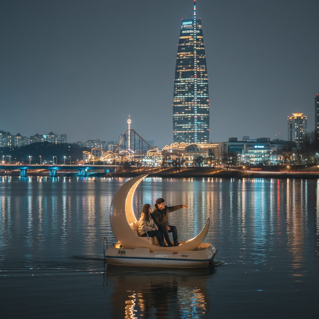 석촌호수에서 문보트 타고 야경 감상하는 모습
