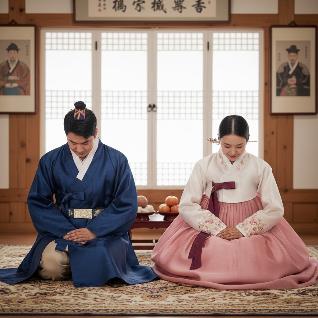 설빔으로 입은 남녀 한복 차림, 세배 예절을 위한 전통 복장