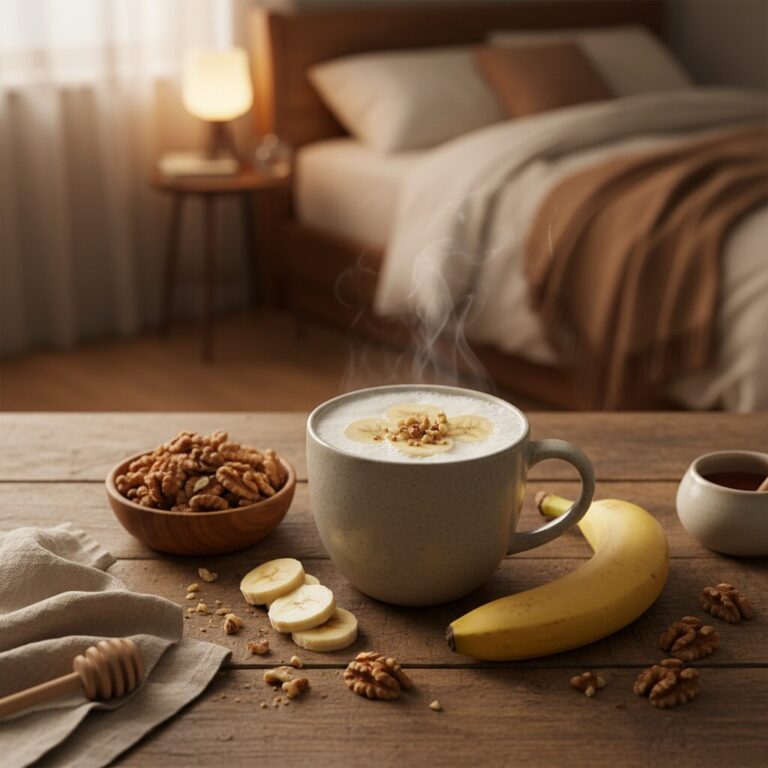 숙면에 도움을 주는 바나나 호두 따뜻한 우유 식품 사진