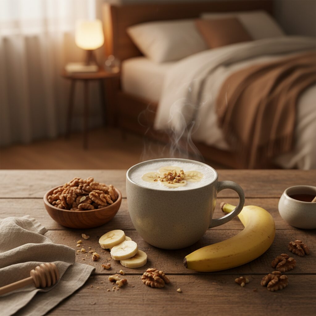 숙면에 도움을 주는 바나나 호두 따뜻한 우유 식품 사진