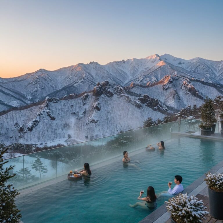속초 겨울 호텔 루프탑에서 바라본 온수 인피니티 풀과 설악산 설경